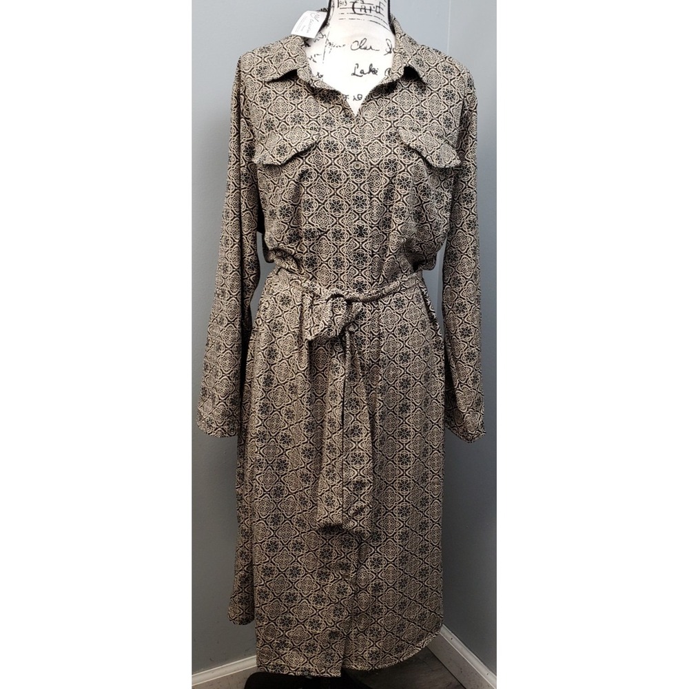 NY Collection‎ Shirt Dress Womens 2X Brown Black Floral Print Collared Tie Waist